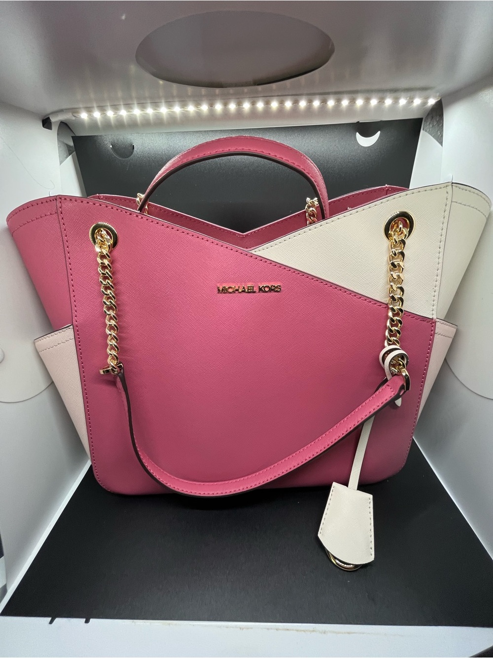 Michael Kors Pink & Cream Saffiano Shoulder Tote with Gold Chain